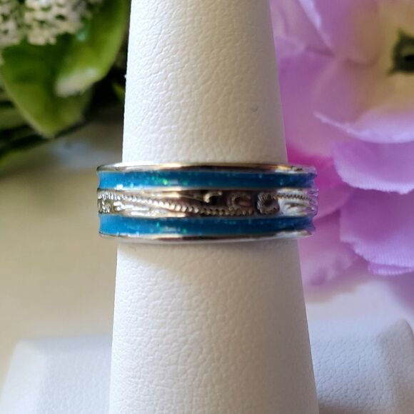Blue Opal on 925 Sterling Silver Band - Women's Jewelry - Picture 2 of 4